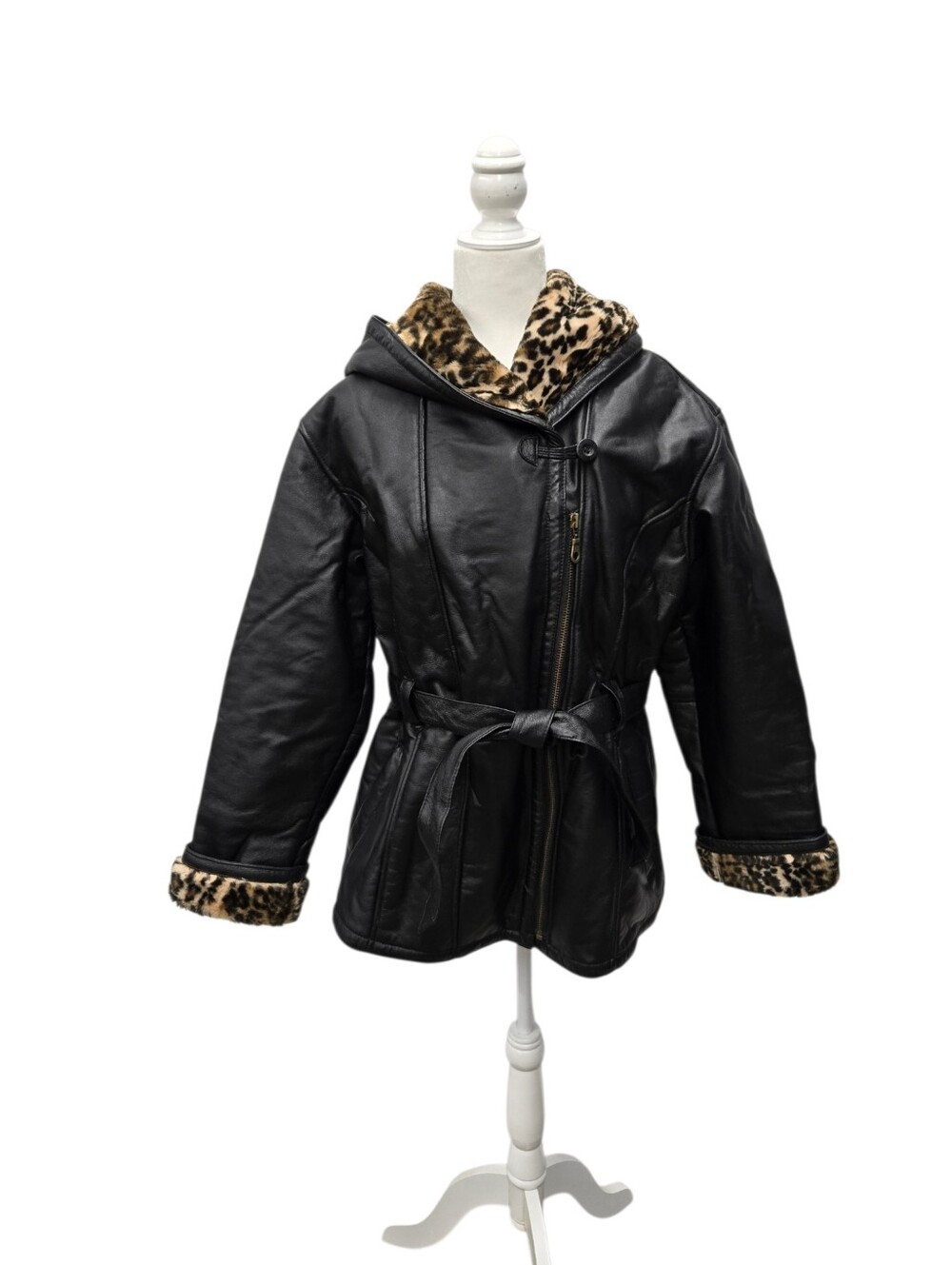 Y2K Wilson Leather Hooded Leopard Fur Leather Trench Coat